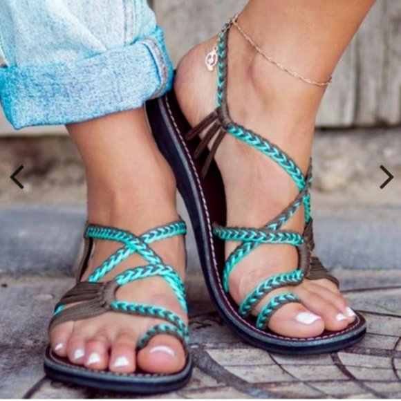 Plaka Shoes - New Plaka Oceanside Women’s Flip Flops Sandals Turquoise & Brown Woven Flat 10